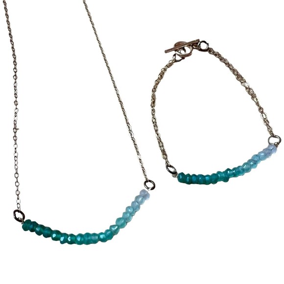 Ombre Emerald Beaded Curved Bar Gold Fill Necklace and Bracelet Set May Birthday - Picture 13 of 16